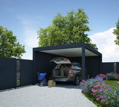 carport avec clôture et voiture ouverte