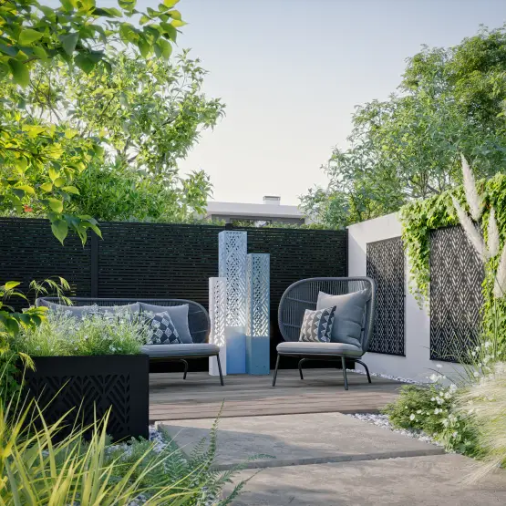 terrasse extérieure avec aménagement pour spots, jardinières et habillages de mur kostum