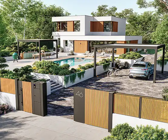 Vue sur un jardin avec portail portillon clôture et pergola en aluminium Kostum