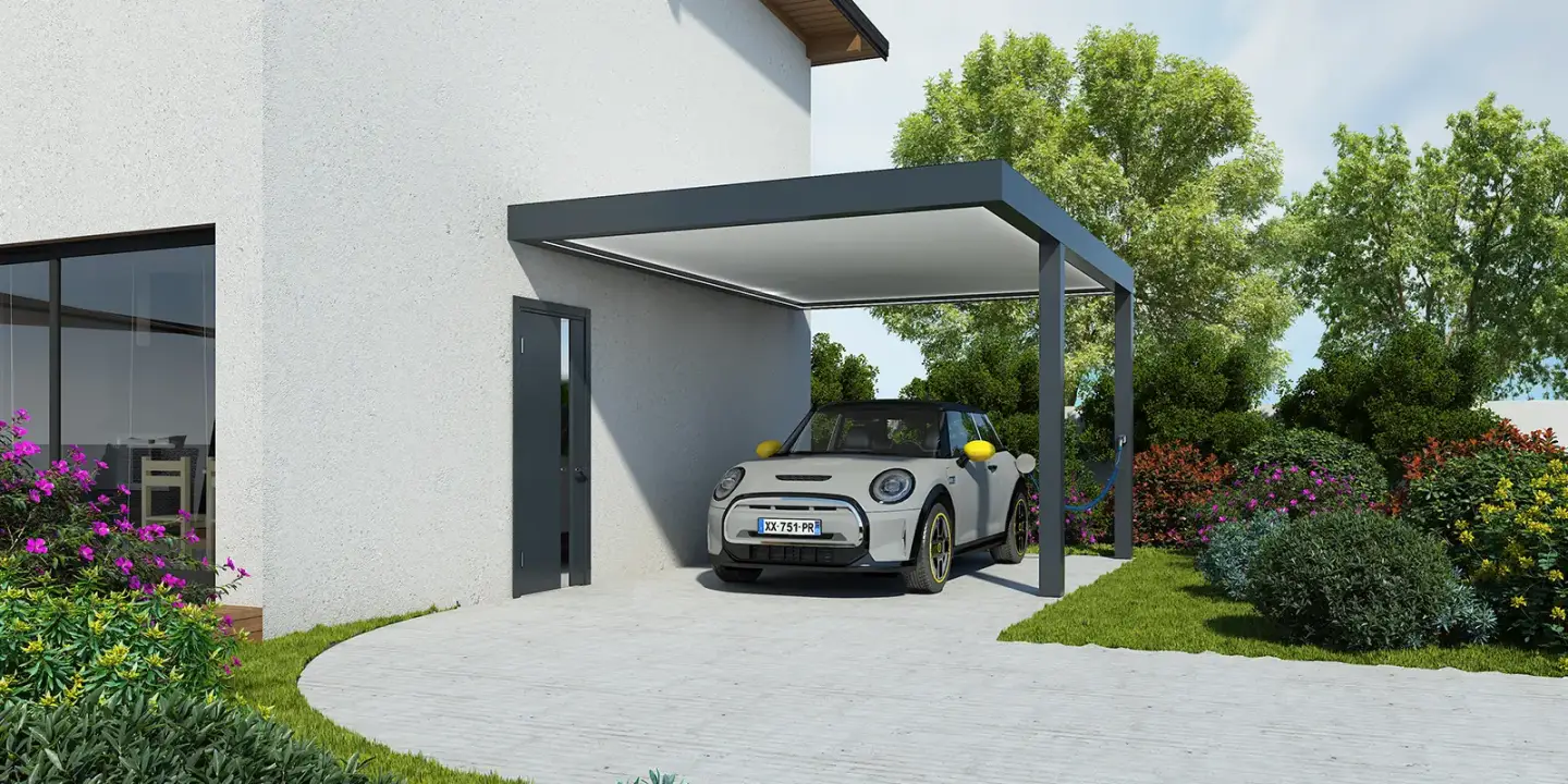 Carport adossé aluminium Trevor avec prise électrique - protection véhicules