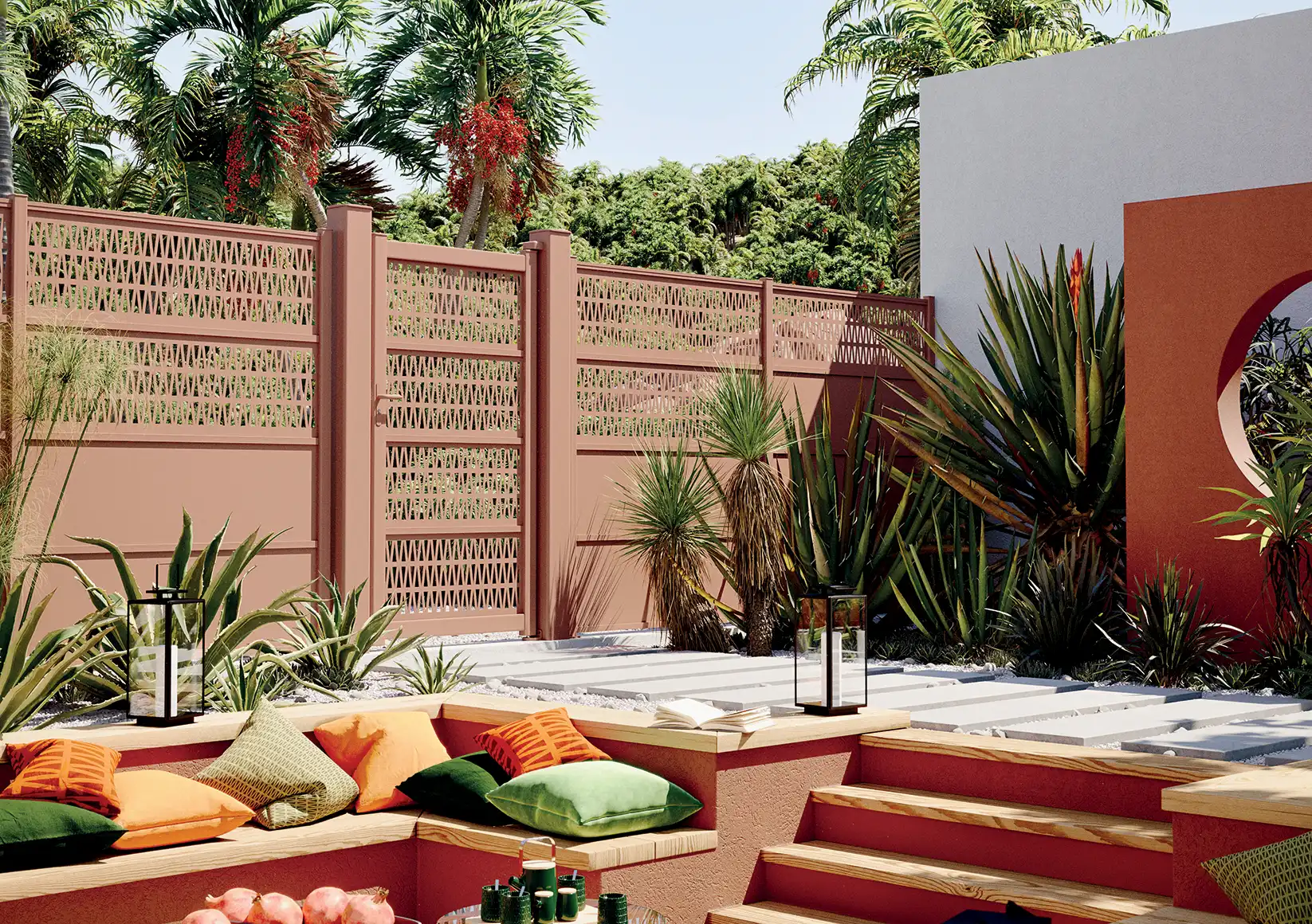 Portón de aluminio a juego con la celosía