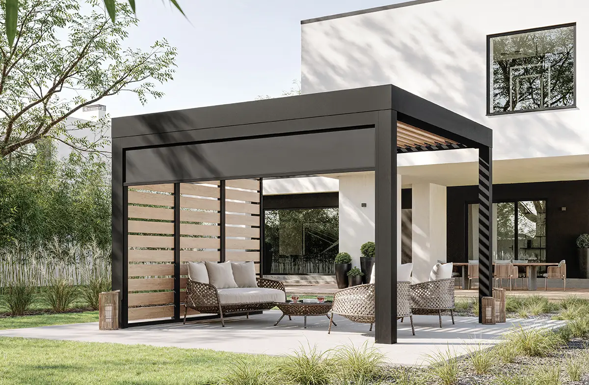 Pérgola autoportante Lily con toldo zip y lamas perforadas